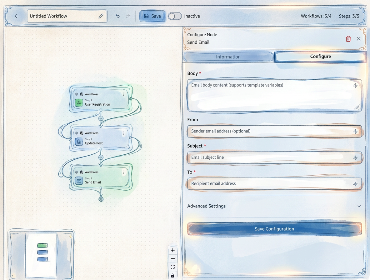 Sequensy visual workflow builder interface showing connected automation nodes